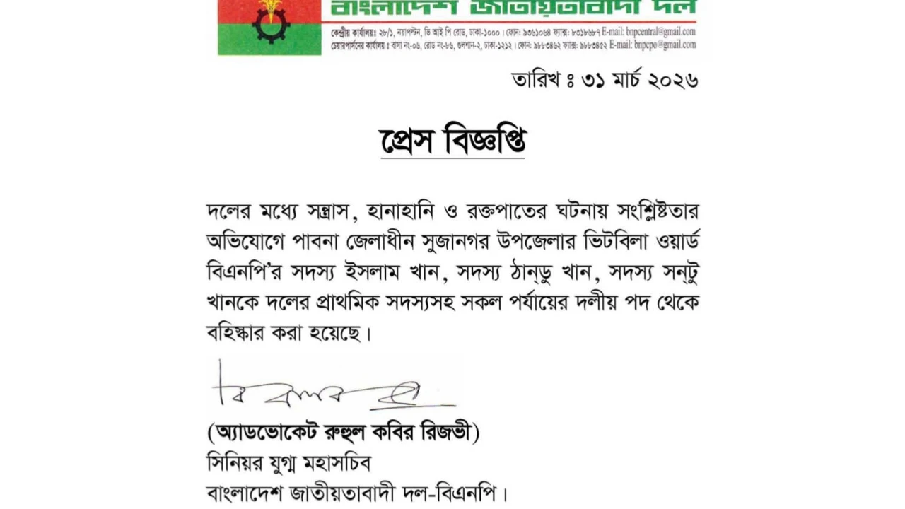বিএনপির পাবনা জেলাধীন সুজানগর উপজেলার ৩ নেতা   বহিষ্কার