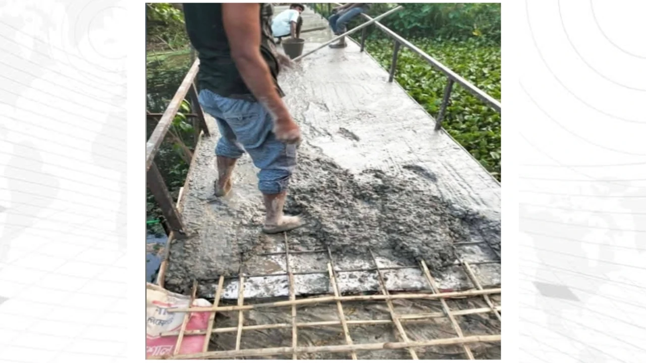 আগৈলঝাড়ায় ব্রিজের ঢালাইয়ে রডের বদলে বাঁশ